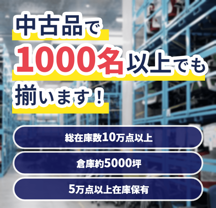 総在庫10万点以上、倉庫約5000坪、5万点以上在庫保有